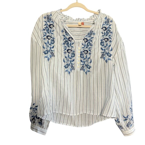 Anthropologie Pilcro Striped Floral Embroidered Blouse Top Medium Blue White - Picture 1 of 14